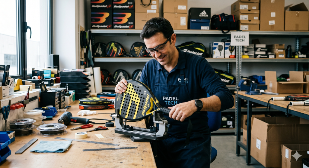 Riparazione racchetta padel in carbonio nel laboratorio Brixia Padel